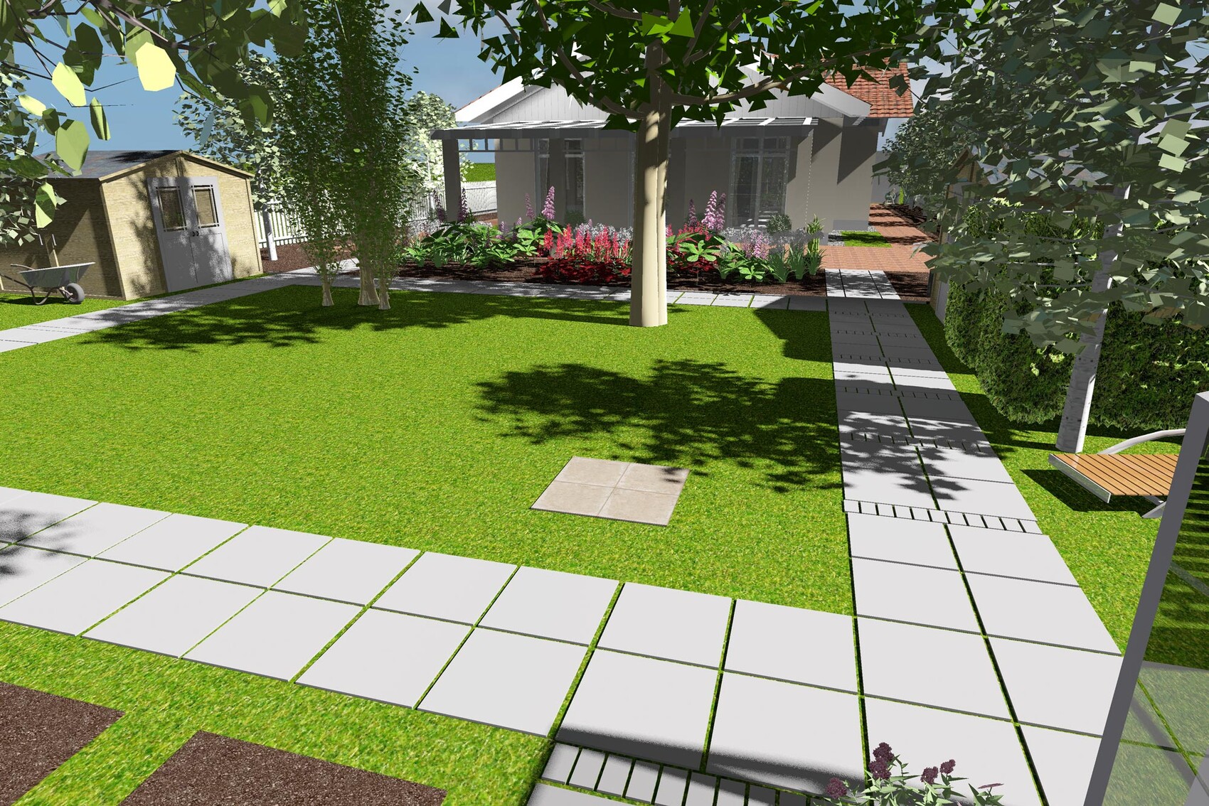 Garten mit Rasen, gepflasterten Wegen, Baum, Gartenhaus links, Blütenbeete.