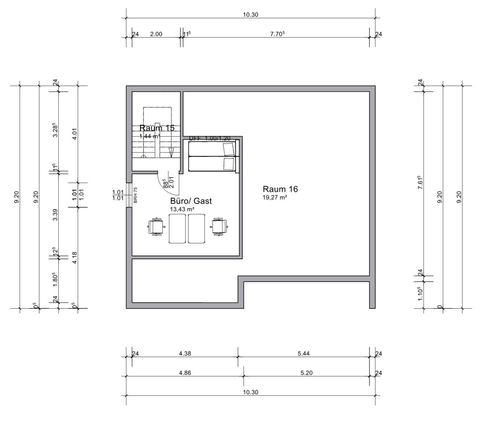 Grundriss eines Raumbereichs: Raum 16, Büro/Gast, Raum 15; Möbel wie Tische und Stühle.