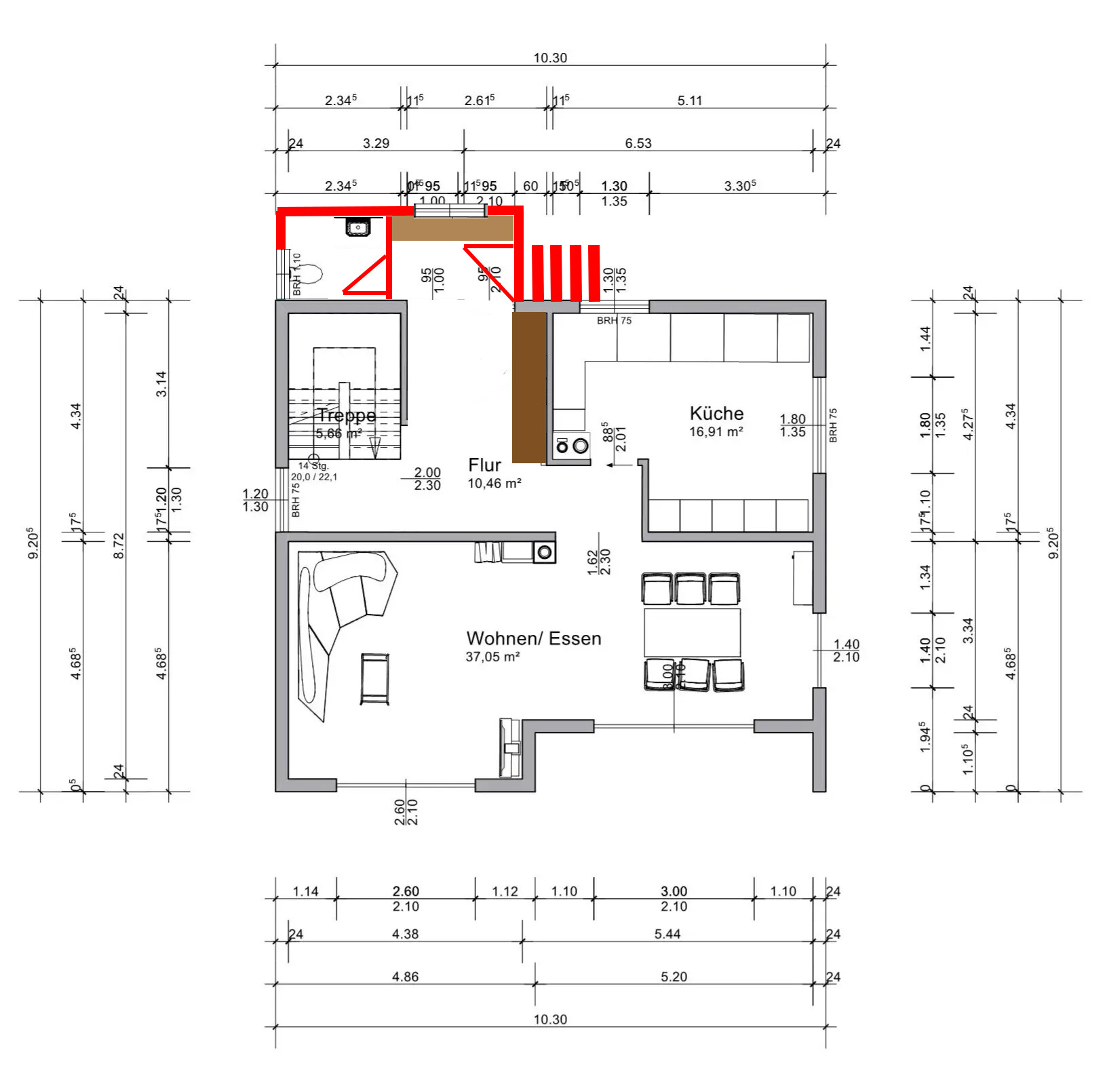 2D floor plan of a house with kitchen, living and dining area, hallway and stairs