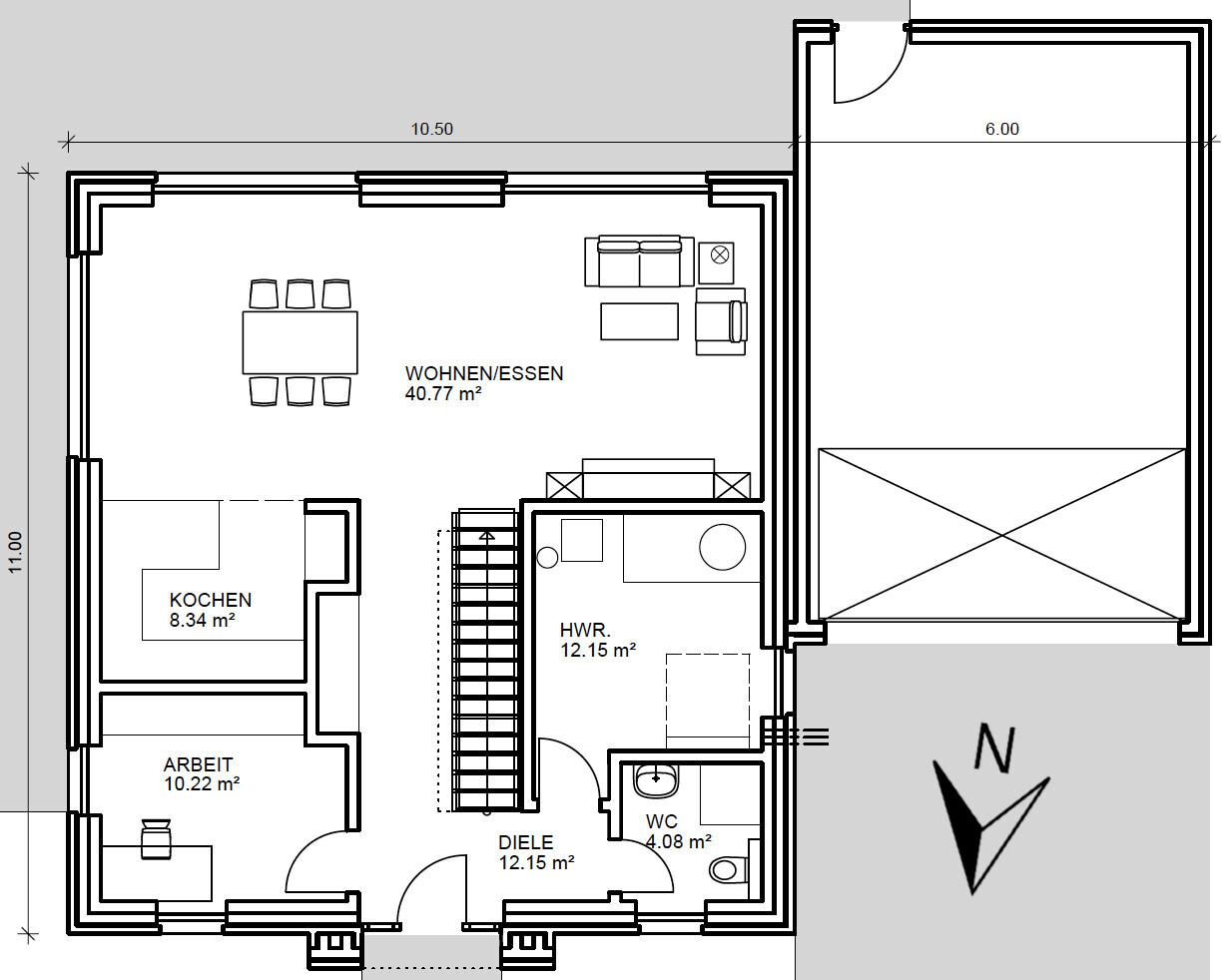 Floor plan: Open living/dining area with kitchen, study, hallway, utility room, toilet, stairs, garage.
