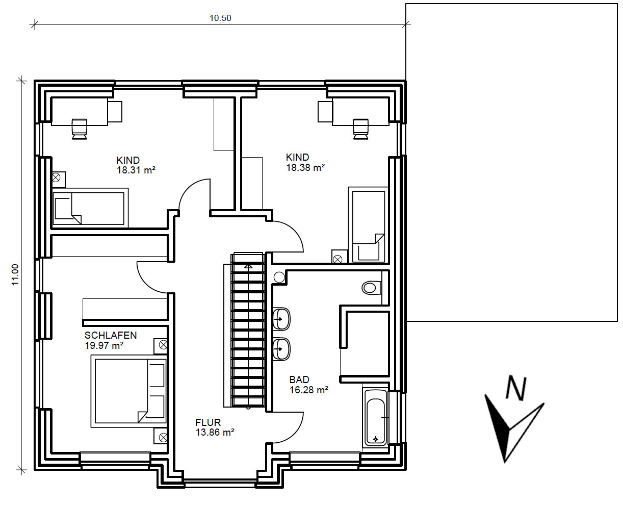 Floor plan of a house: two children’s rooms, bedroom, corridor, bathroom, and stairwell