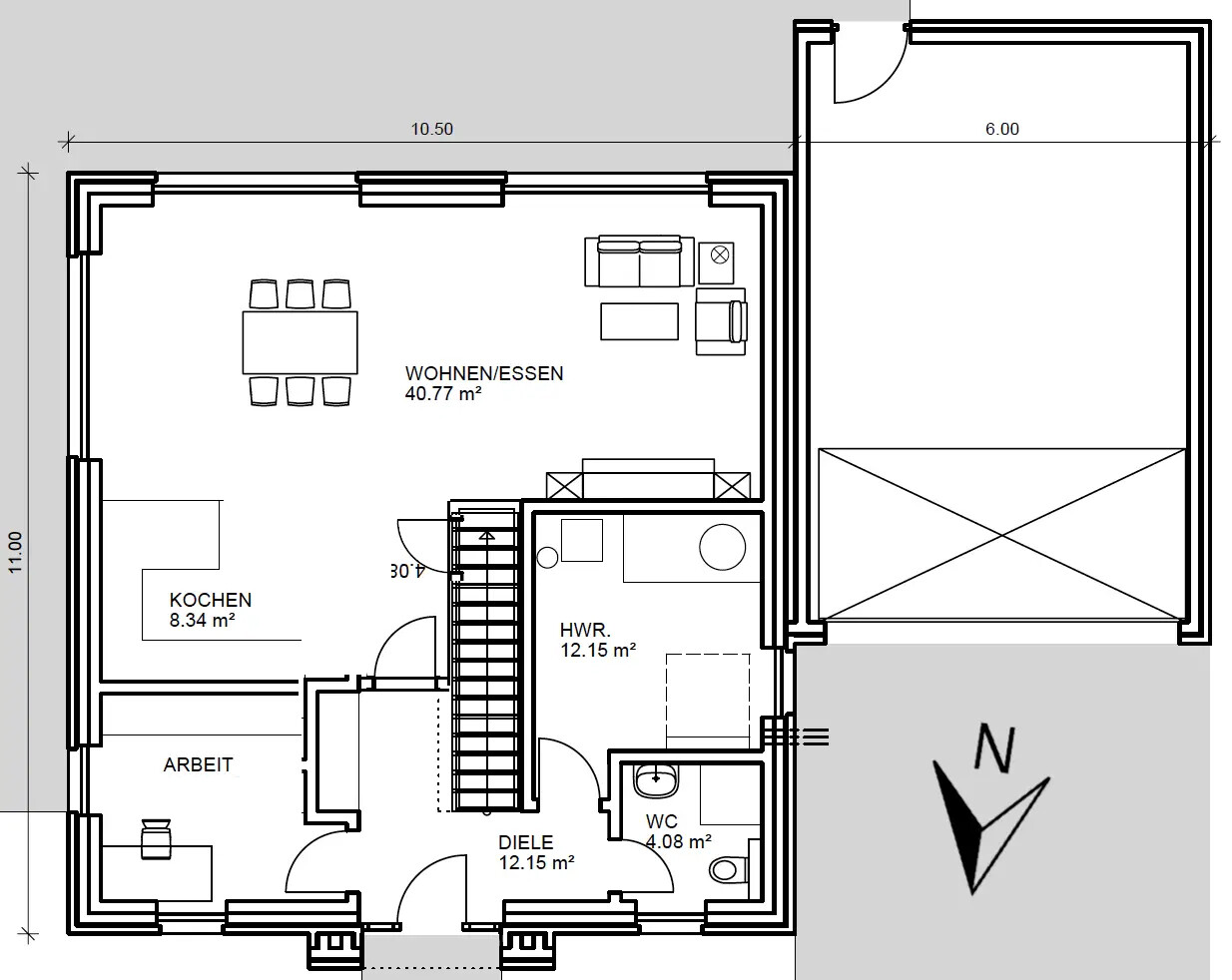 Floor plan of a house with living and dining area, kitchen, hallway, and utility room