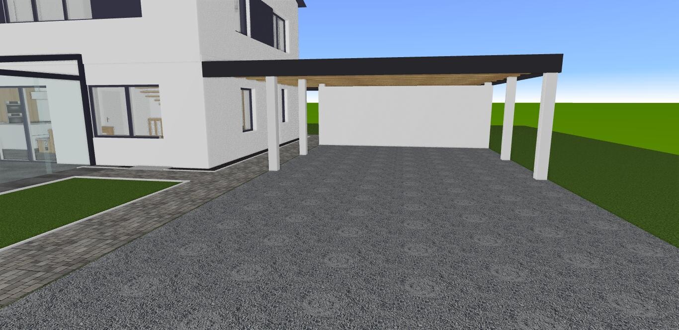 Moderne weiße Gebäudefassade mit Carport, grauem Kiesweg, Glasfenstern und grünem Garten.