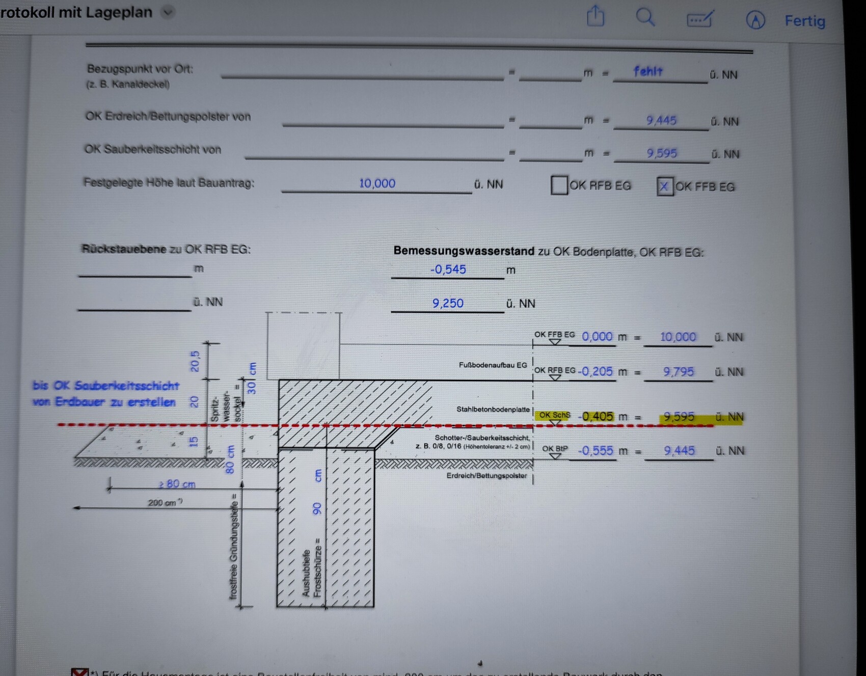 Technical drawing: site plan and cross-section of the excavation with soil profile, dimensions, and foundation.