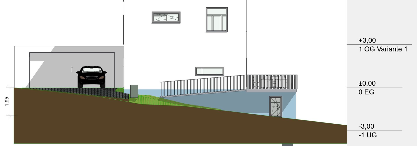 Cross-section of a house on a slope with garage, ramp and terrace.
