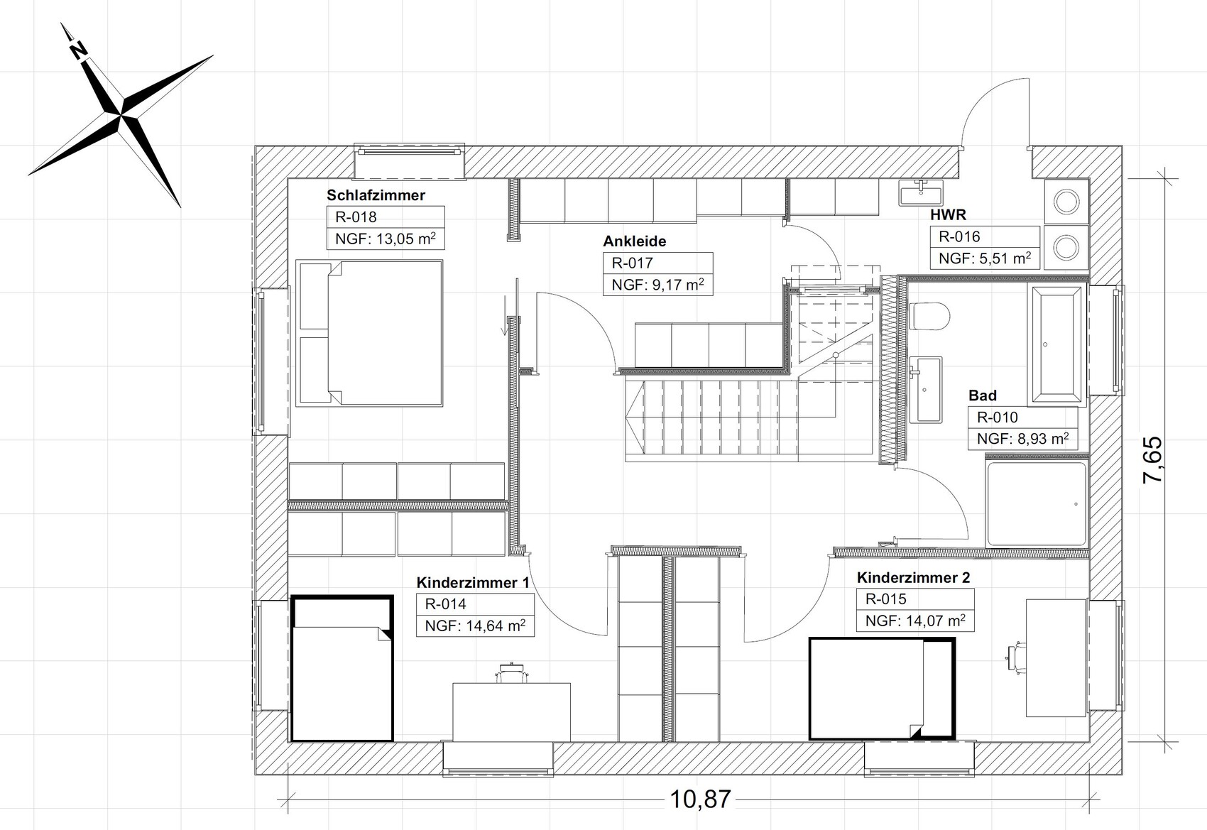 Floor plan of a house: bedroom, dressing room, utility room, bathroom, children’s rooms 1+2, stairs.