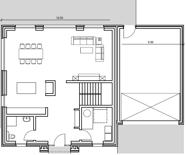 Grundriss eines Erdgeschosses mit Wohn- und Essbereich, Küche, Treppe, Bad und Eingang