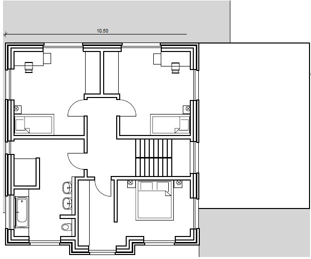 Grundriss eines Wohnhauses mit zentralem Flur, Treppe, zwei Schlafzimmer oben, Grossschlafzimmer und Bad.