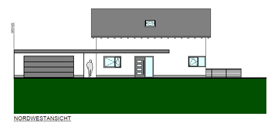 Nordwestansicht eines modernen Hauses mit Garage links, Eingangstür, Fenster, Flachdach.