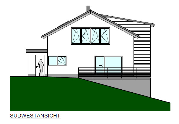 Moderne Einfamilienhaus-Südwestansicht mit Terrasse, Balkon und einer Person am Eingang.