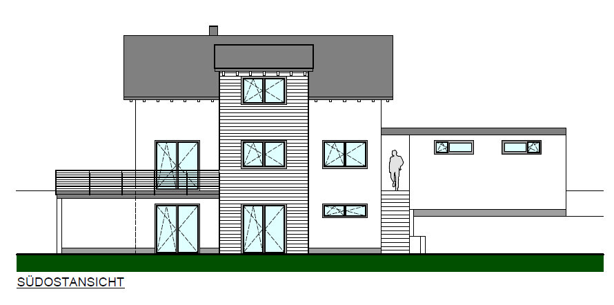 Moderne zweigeschossige Villa mit Balkon, Terrasse, Treppenaufgang und Fenstern, Südostansicht
