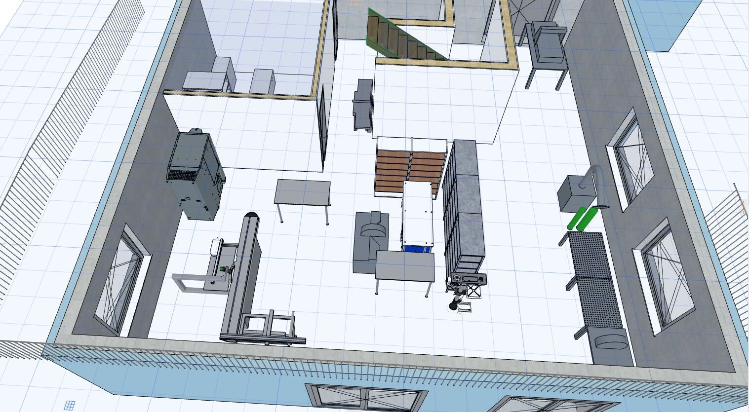 Isometric interior view of a room with sofa, chairs, table, shelves, equipment, and stairs.
