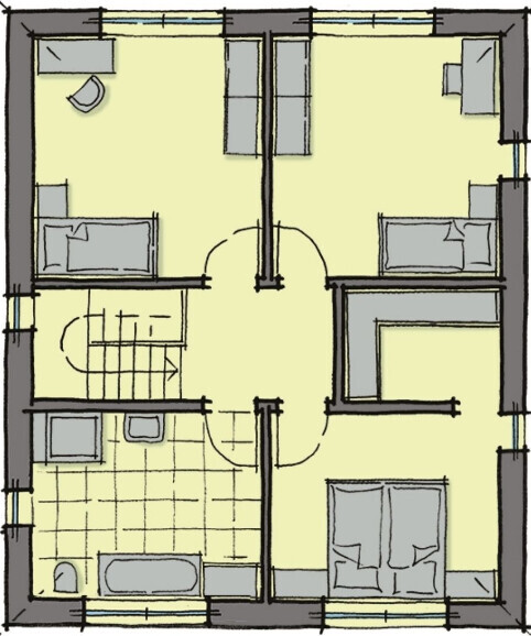 Rough sketch of house floor plan with stairwell, bathroom, and multiple rooms