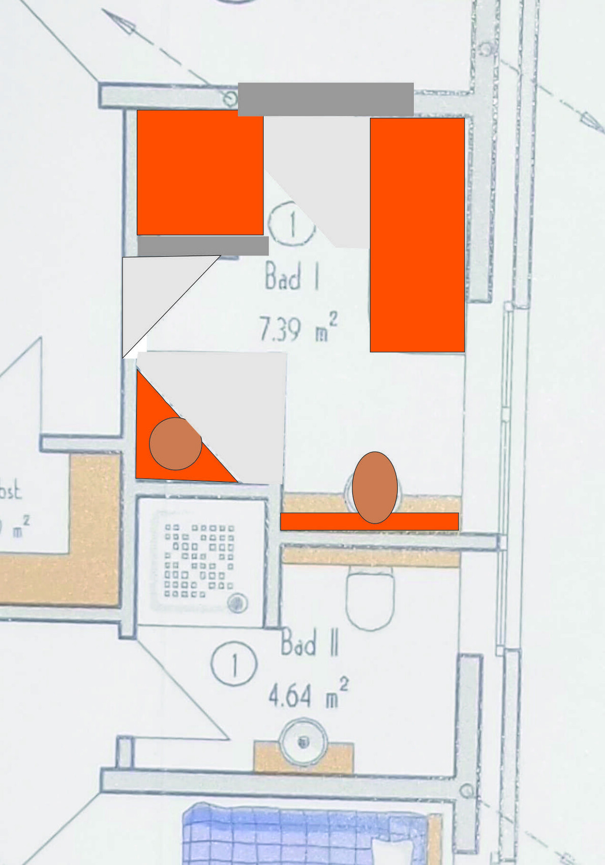 Floor plan of an apartment with Bathroom I and Bathroom II; orange rectangles, gray triangles, and brown circles.