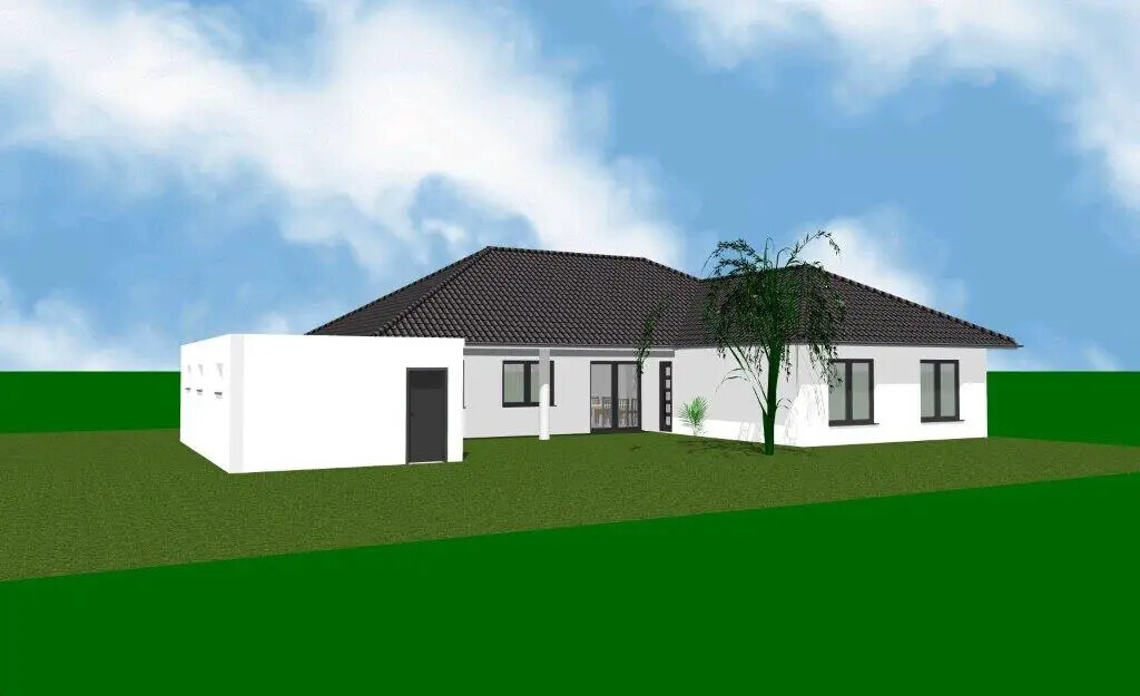 Exterior view of a modern, single-story 3D house with garden and tree