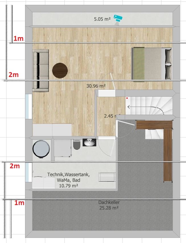 Floor plan of a house: living area, bedroom, kitchen, technical room and attic space