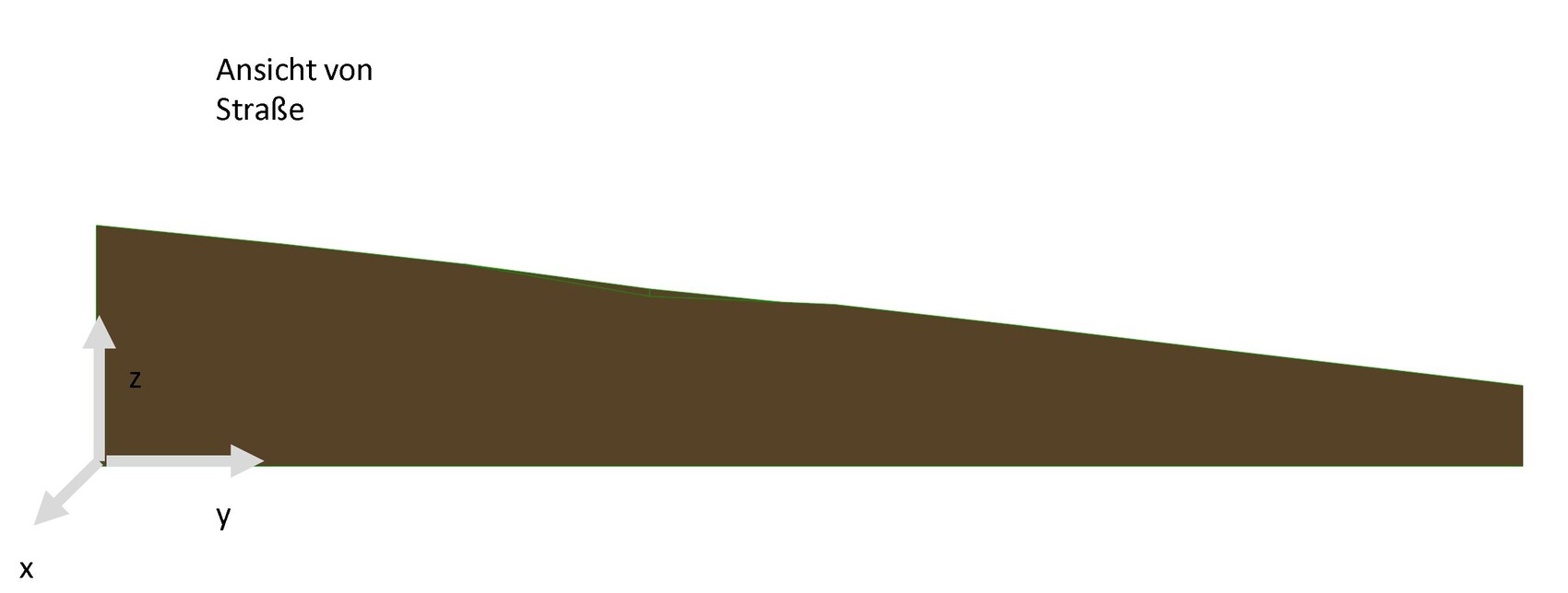 3D floor plan view from street showing sloping terrain with coordinate axes