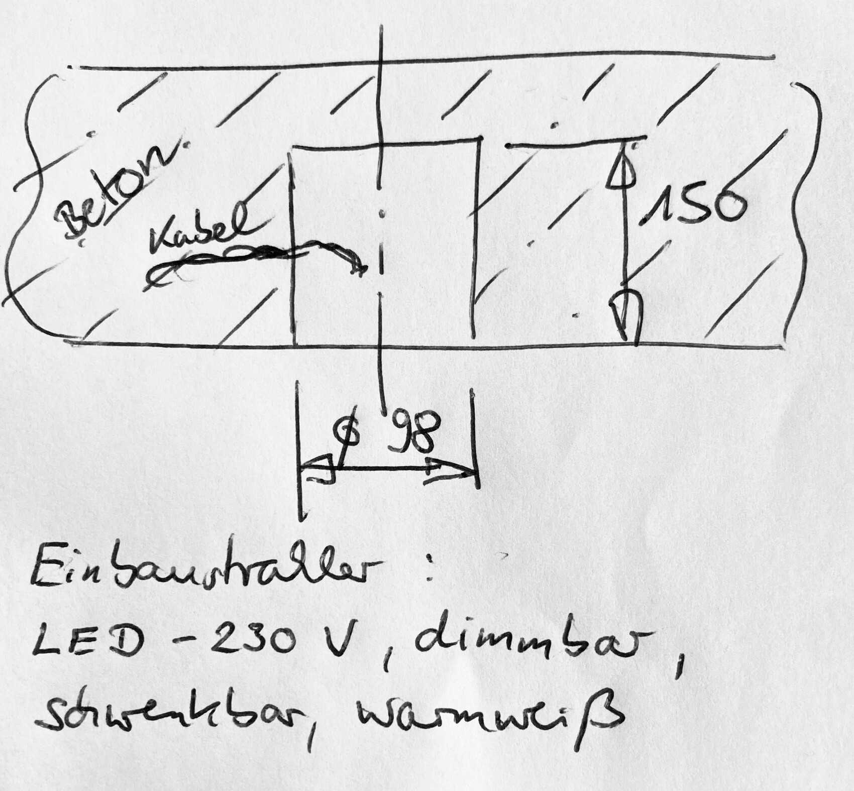 Sketch of a built-in LED holder in concrete, 230 V, dimmable, adjustable, warm white.