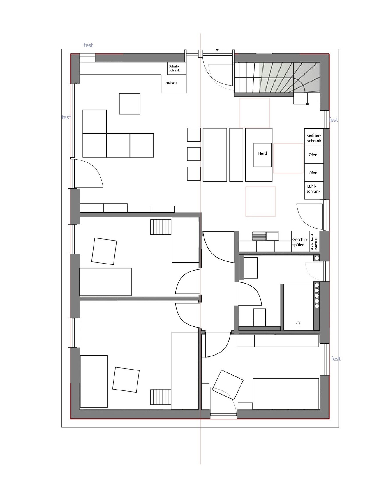 2D floor plan of a house with staircase, kitchen area and living spaces.