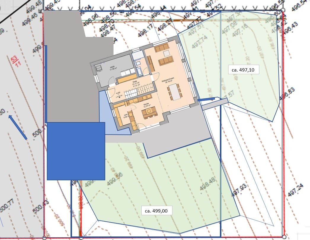 Grundriss eines Hauses mit Wohnzimmer, Küche, Treppe, Garten und Grenzlinien.