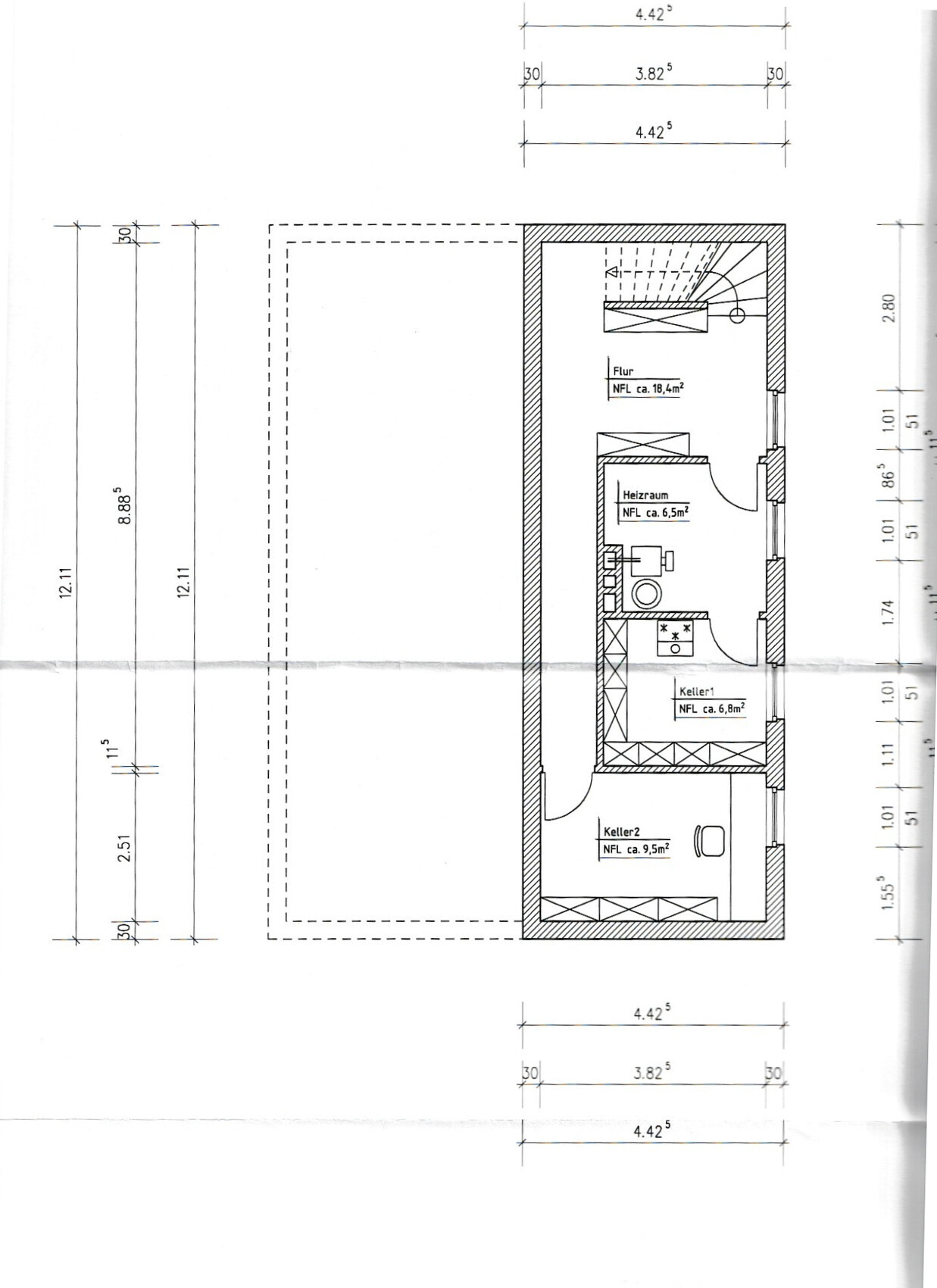 Basement floor plan with hallway, heating room, cellar 1 and cellar 2