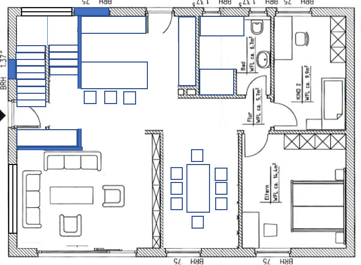 2D floor plan of a house with living room, kitchen, dining area, bathroom and bedroom