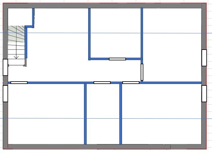 Floor plan of a storey with blue interior walls, doors, staircase on the left, and gray outlines.