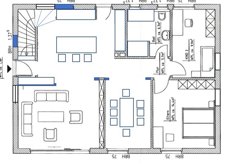 Floor plan of an apartment: living room with sofa, dining table; open kitchen; bedroom; bathroom.