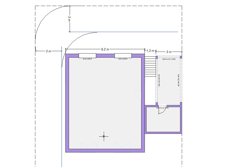 Floor plan of a room: large gray area, small rooms on the right; purple walls, doors, and stairs.