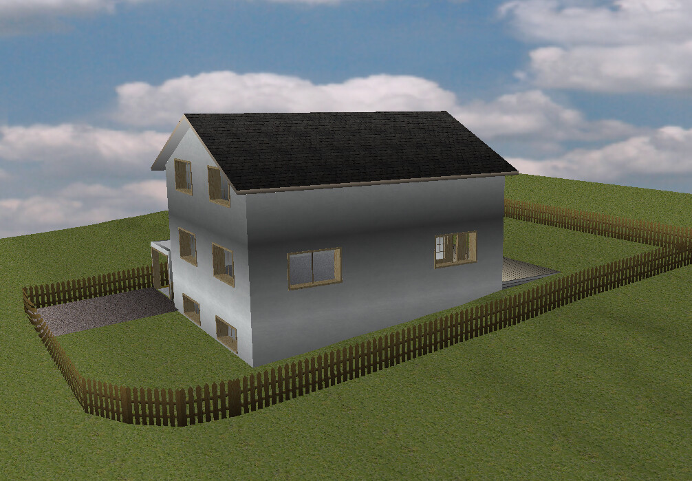 Two-story gray house with dark gable roof, surrounded by wooden fences, on a green field.