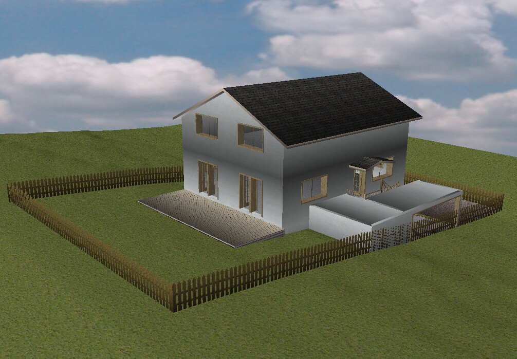 3D render of a single-family house with gray facade, dark roof, and garden fence