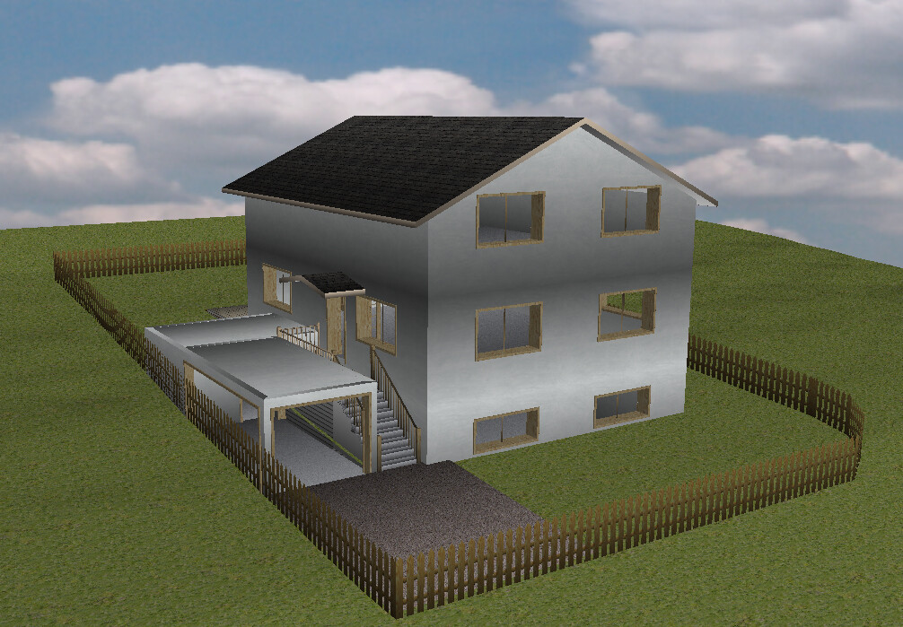 Two-story house with carport, stairs, and garden fence on a green property.