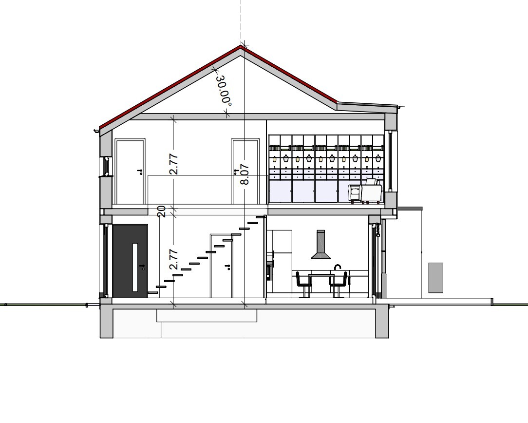 Section through a two-story house with attic: staircase, kitchen with dining table, upper floor.