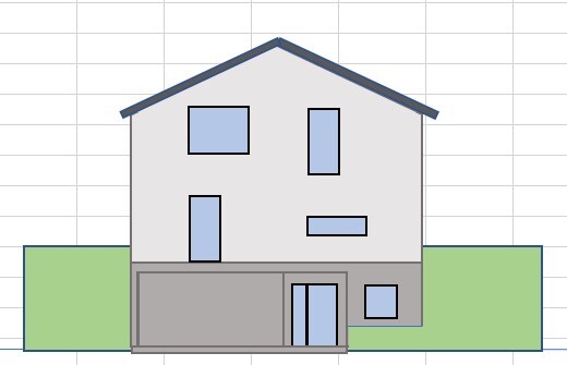 Two-story gray house with blue windows, a large garage on the left, and green lawn.