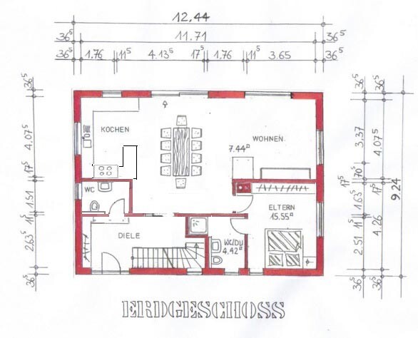 Ground floor layout: Kitchen, dining area, living room, master bedroom, entrance hall, toilet, bathroom.