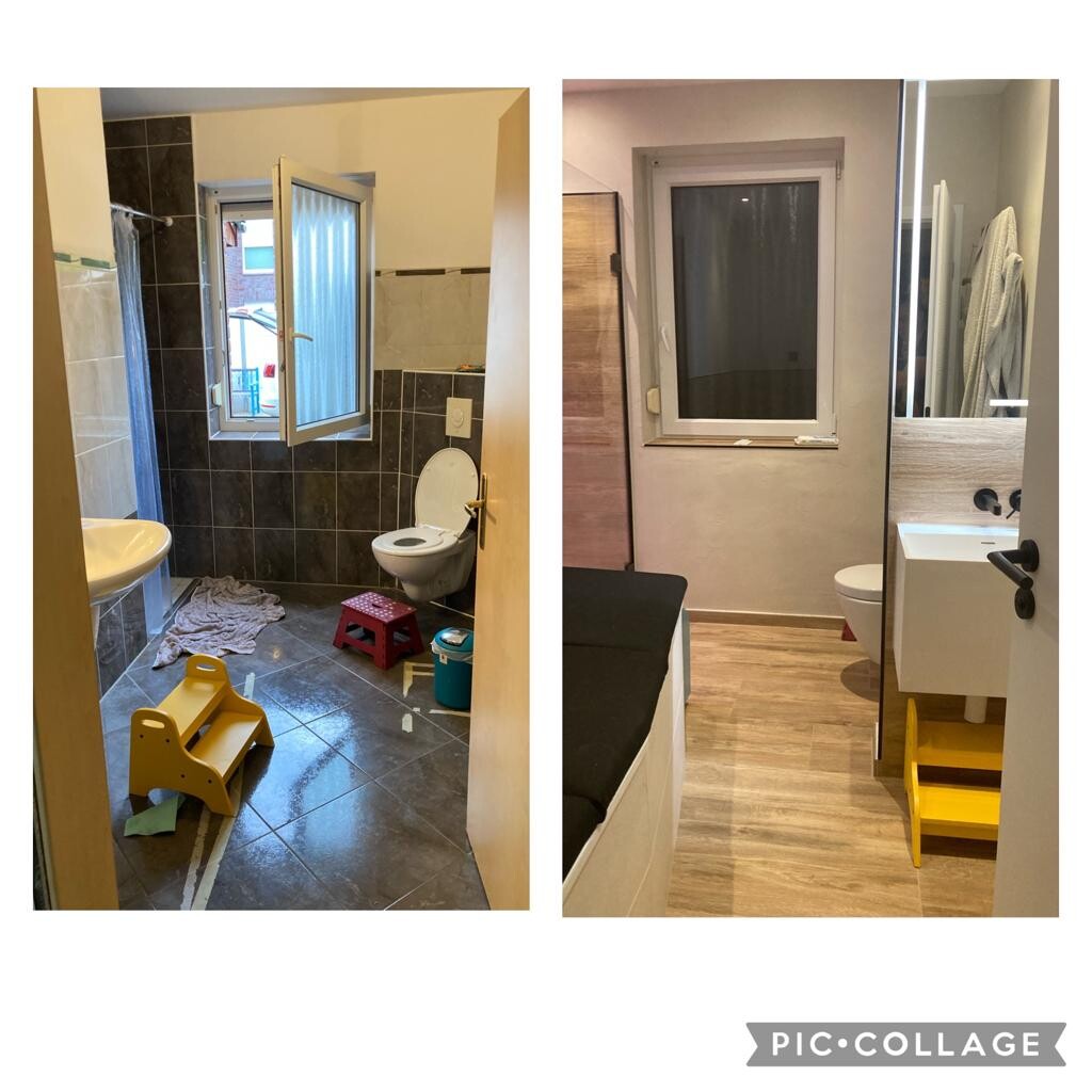 Two bathroom photos: left bathroom with toilet and window; right modern bathroom with sink