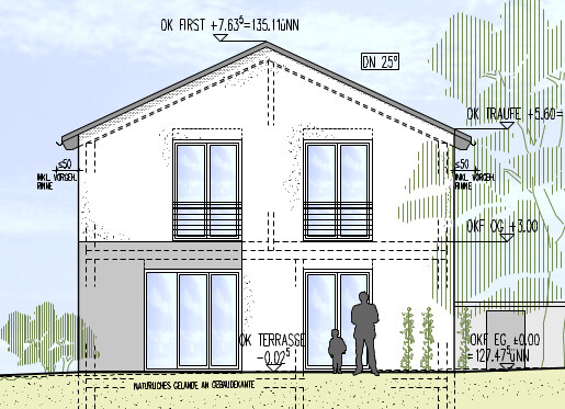 Two-story house with terrace, balcony windows, and silhouettes of a family in front of the entrance.