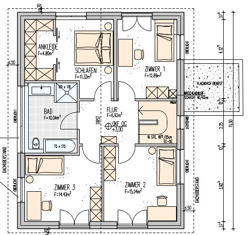 Floor plan of a 4-room apartment with bedroom, rooms 1-3, dressing room, hallway, bathroom.