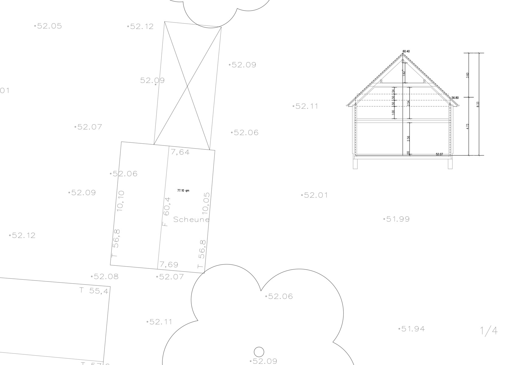 Site plan of a building plot with barn, parcels, and a house cross-section.