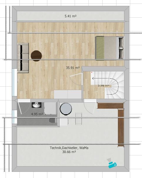 Attic floor plan: living and kitchen area, sleeping area, stairs, utility room.