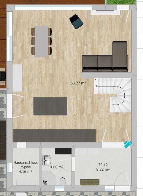 Open living and dining room with dining table, sofa, and stairway in the floor plan.
