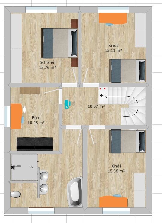 Top-down floor plan of a house: bedroom, child 1, child 2, office, bathroom, stairwell, hallway.