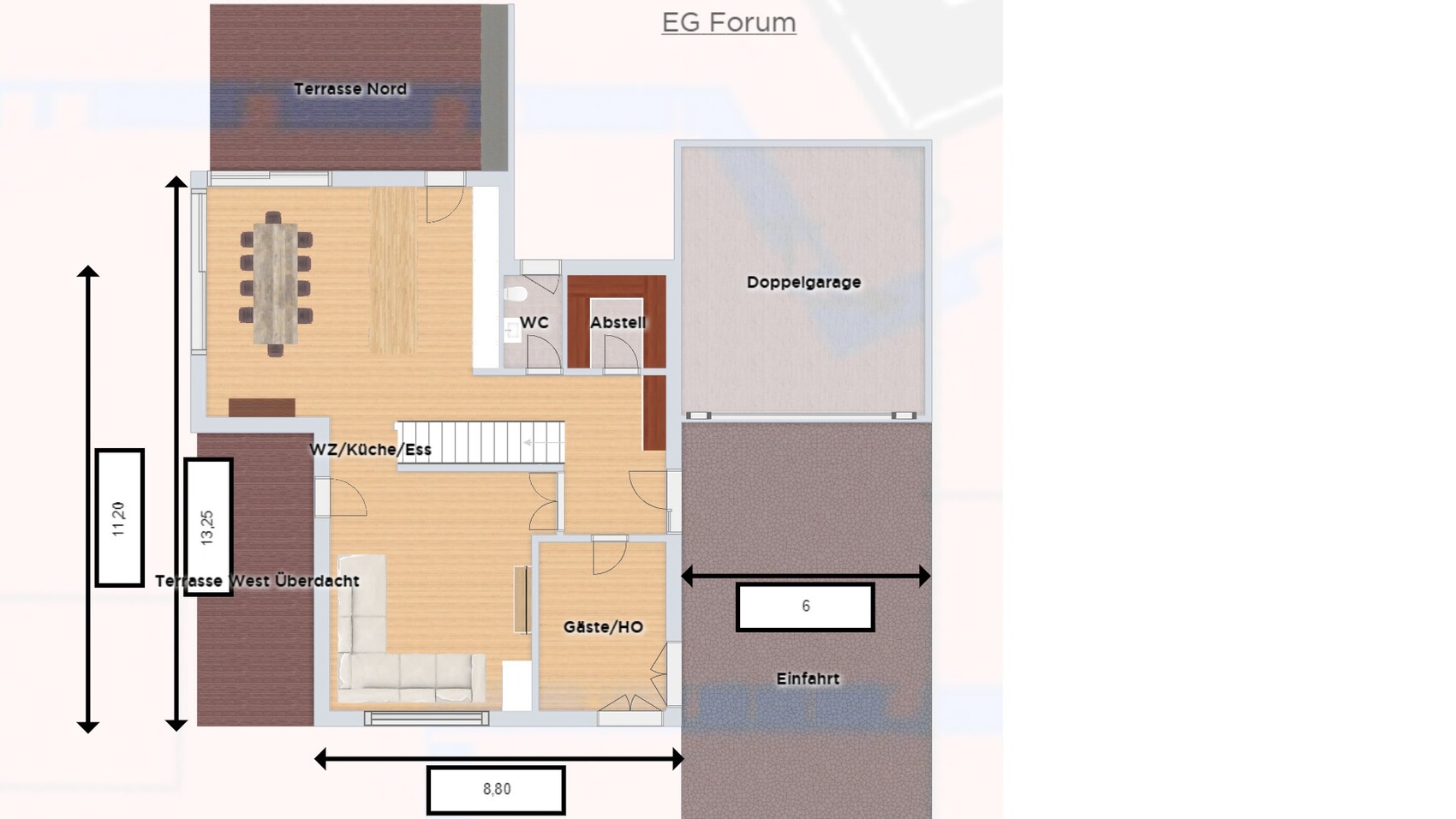 Grundriss EG Forum: Wohnzimmer, Küche, Gästezimmer, WC, Abstell, Terrasse, Doppelgarage, Einfahrt.