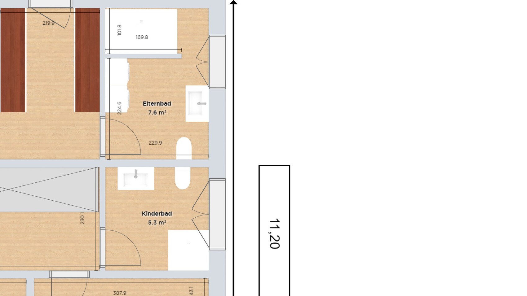 Top-Down floor plan of an apartment with master bathroom and children’s bathroom, doors and wooden flooring.
