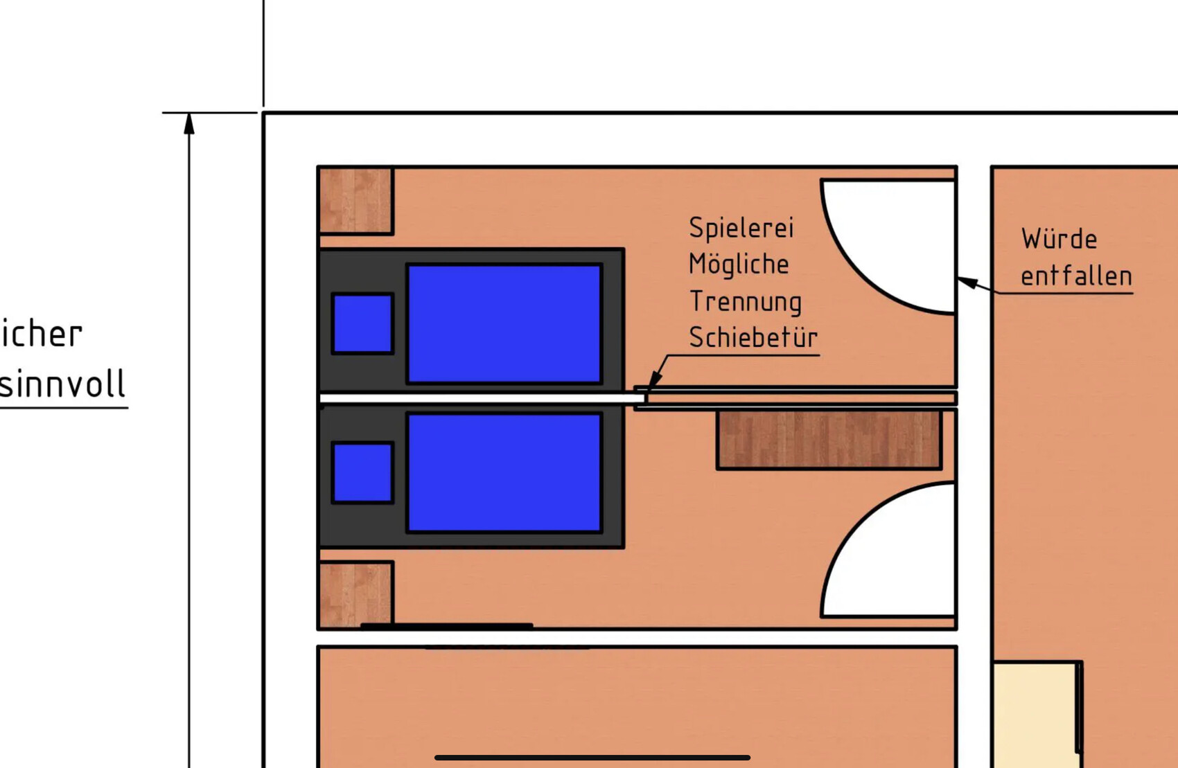 2D floor plan of a living area with doors and furniture
