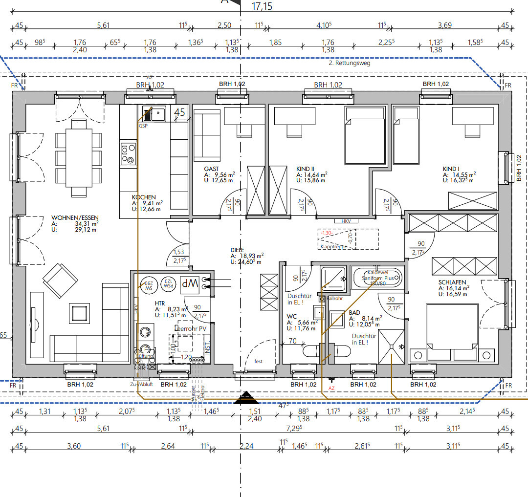 Floor plan of a house: living/dining area, kitchen, hallway, bedroom and children’s room, bathroom, WC, utility room.