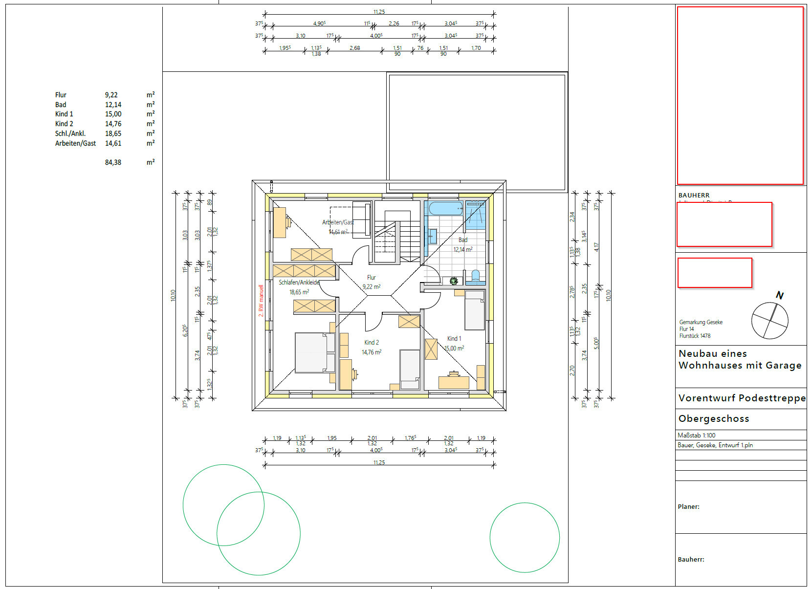 Top view upper floor plan of a house with bedroom, children’s rooms, hallway, bathroom and stairs