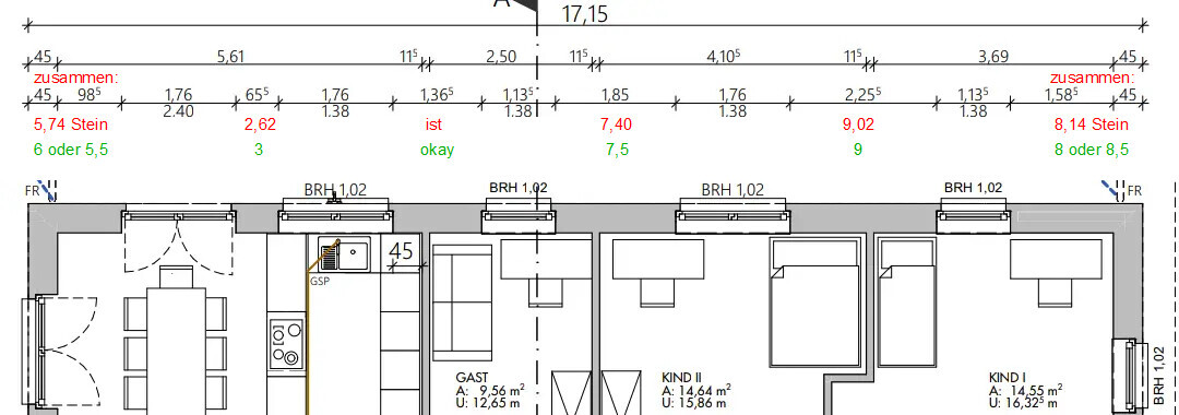 Floor plan of an apartment: kitchen, dining area, hallway, and three rooms (guest, child I, child II).