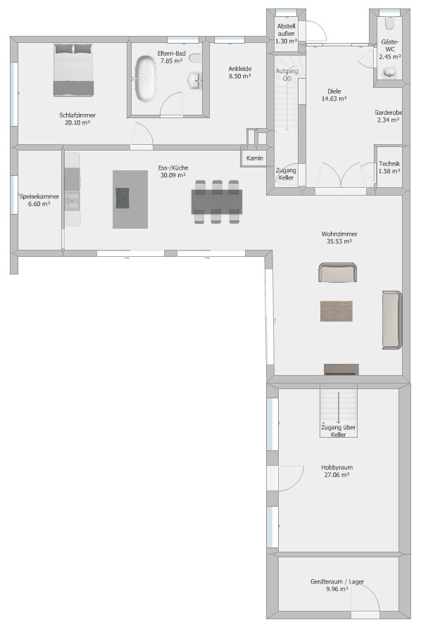 Floor plan of a house with living room, dining area, kitchen, bedroom, and bathroom.