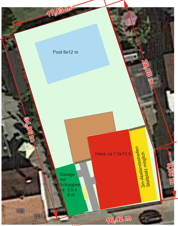 Site plan: House approx. 7.5 x 13.5 m (24.6 x 44.3 ft), Pool 8 x 12 m (26.2 x 39.4 ft), Garage 3.5 x 9 m (11.5 x 29.5 ft), Parking space possible.